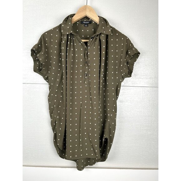 Madewell Central Drapey Popover Shirt in Grid Dot Olive Green Extra Small XS - Picture 13 of 16